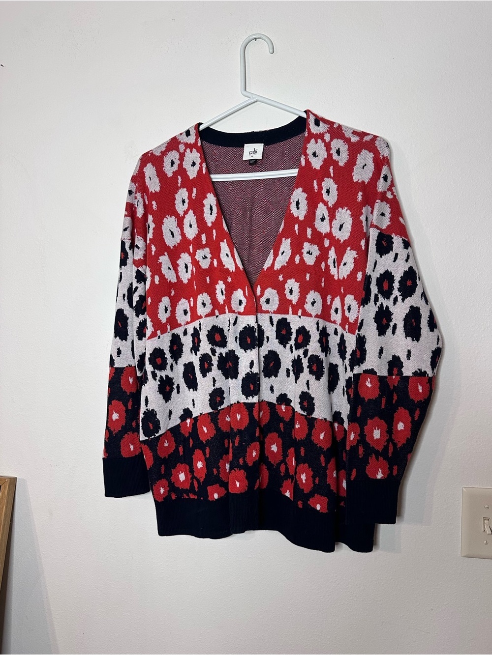 CAbi Red Black White Floral-Pattern V-Neck Sweater